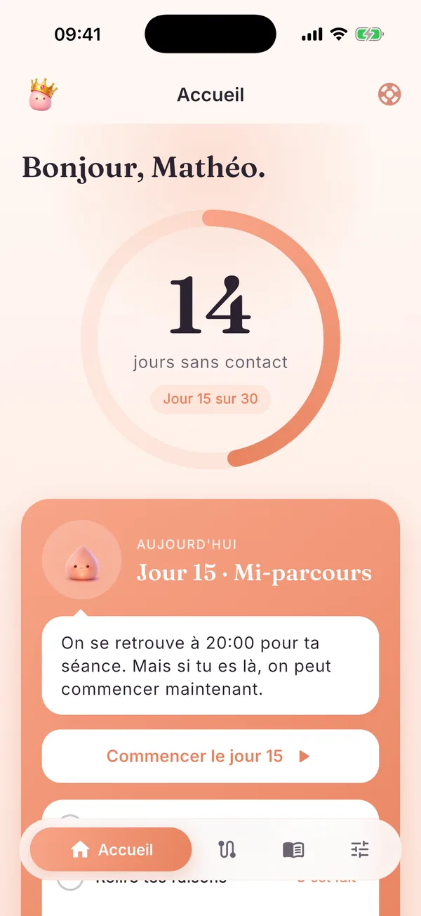 Écran d'accueil de Rupture : compteur de jours sans contact